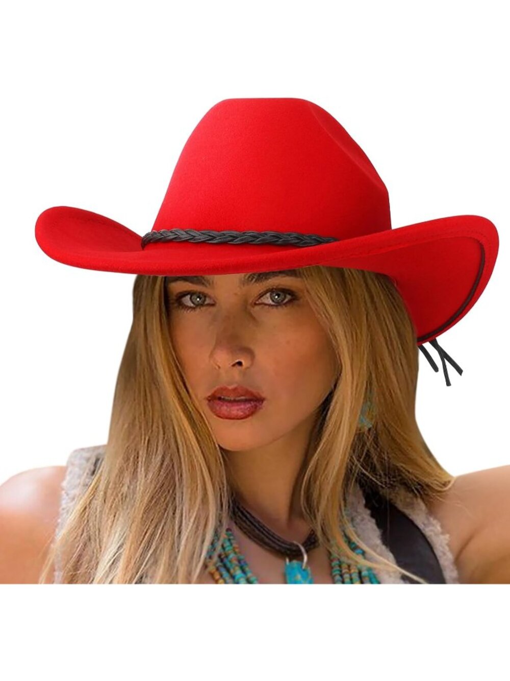 Unisex Red Wide Brim Felt Fedora Cowgirl Western Cowboy Rolled Up Cap Hat